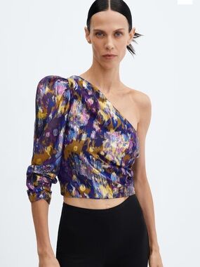 NWT MANGO One-Shoulder Metallic Abstract Print Crop Top - Purple/Gold